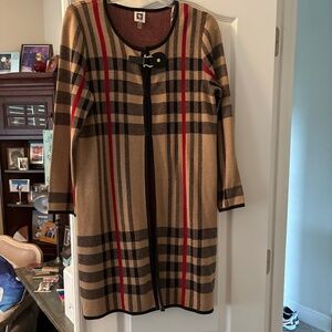 Anne Klein plaid Longline knit sweater coat with black trim small